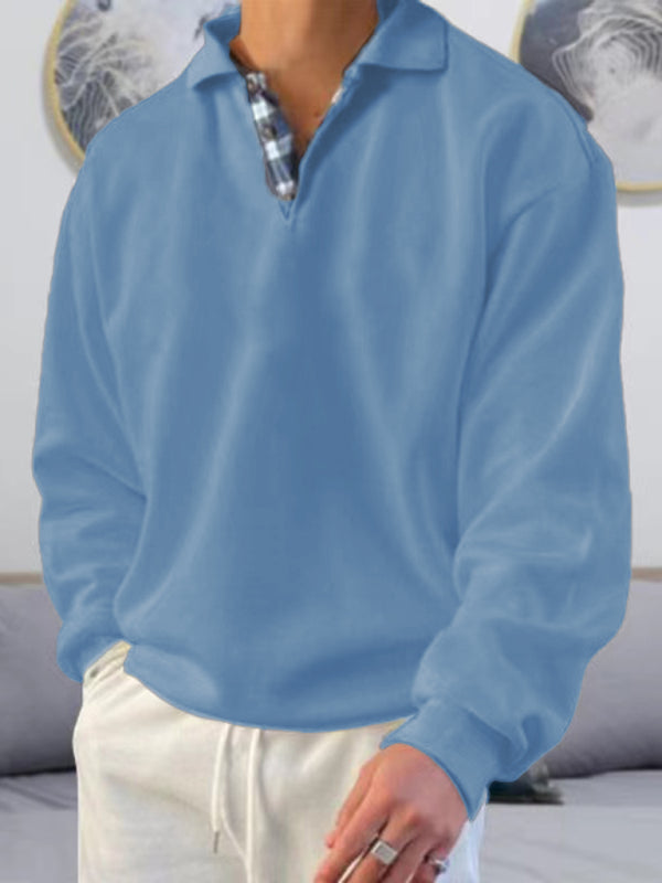 Men’s solid color lapel loose long-sleeved POLO shirt - Grey / S
