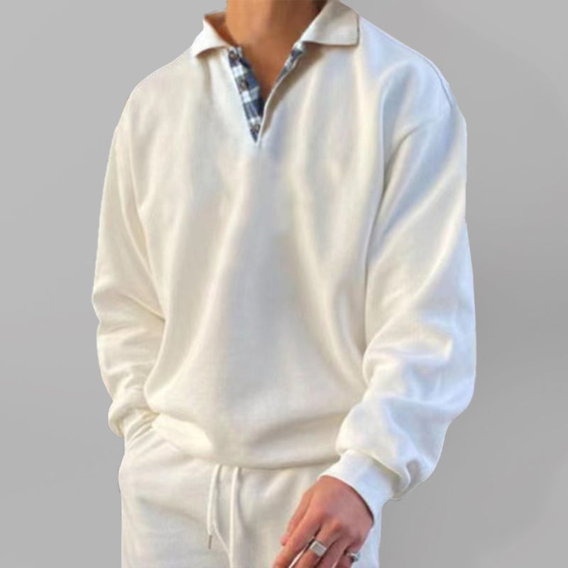 Men’s solid color lapel loose long-sleeved POLO shirt - White / S