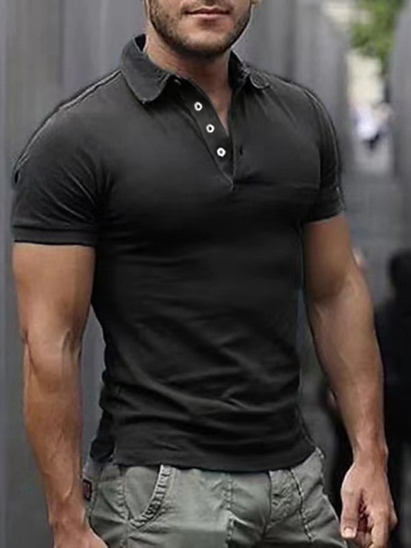 Men’s Solid Color Lapel Short Sleeve POLO Shirt - Black / S