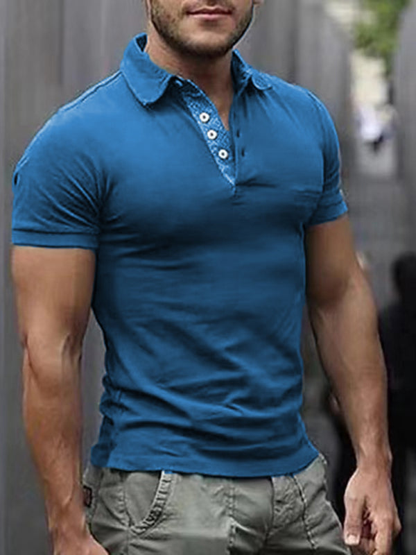 Men’s Solid Color Lapel Short Sleeve POLO Shirt - Blue / S