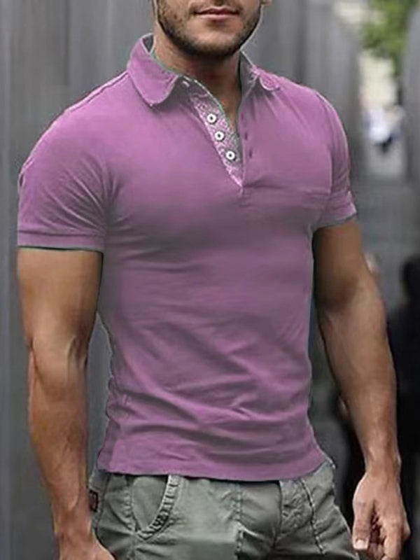 Men’s Solid Color Lapel Short Sleeve POLO Shirt - Purple / S