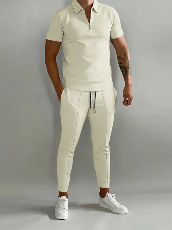 Men’s solid color lapel short-sleeved POLO shirt + trousers two-piece suit - Cracker khaki / S