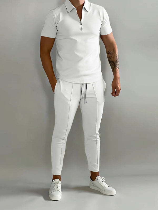 Men’s solid color lapel short-sleeved POLO shirt + trousers two-piece suit - White / S