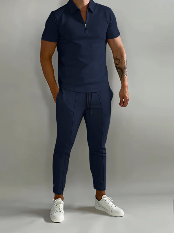Men’s solid color lapel short-sleeved POLO shirt + trousers two-piece suit - Champlain color / S