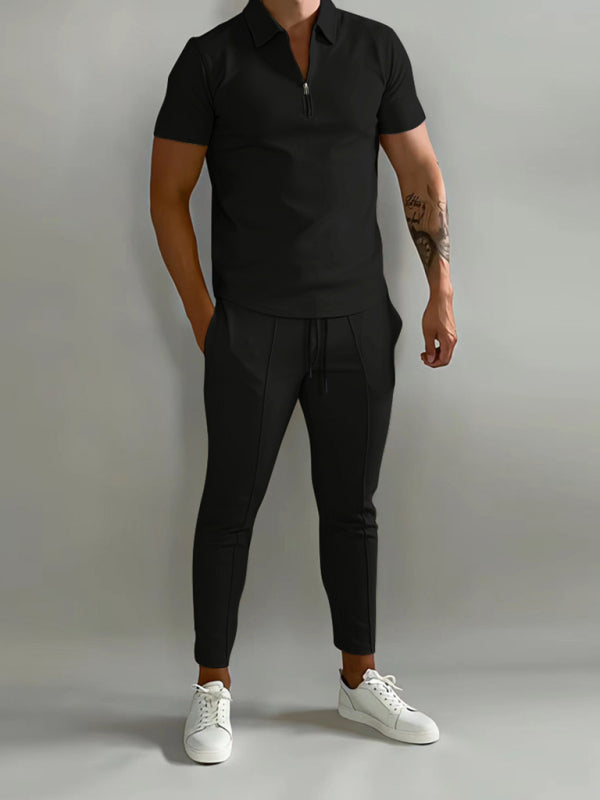 Men’s solid color lapel short-sleeved POLO shirt + trousers two-piece suit - Black / S