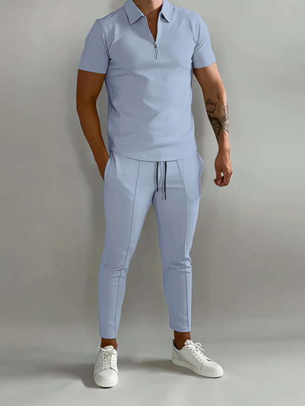 Men’s solid color lapel short-sleeved POLO shirt + trousers two-piece suit - Blue / S