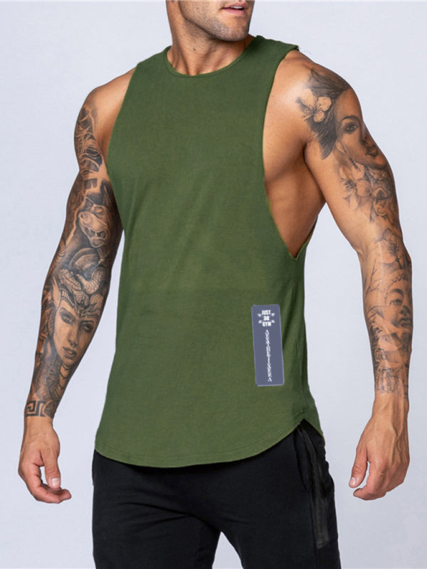 Men’s Solid Color Round Neck Casual Breathable Slim Fit Sports Vest - Olive green / M