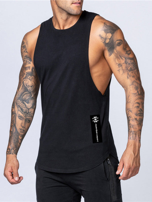 Men’s Solid Color Round Neck Casual Breathable Slim Fit Sports Vest - Black / M