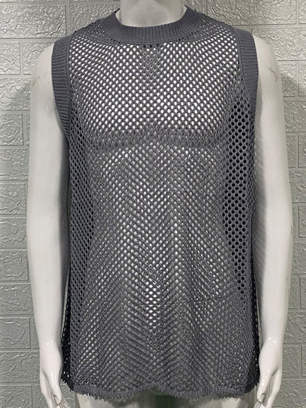 Men’s Solid Color Round Neck Sleeveless Hollow Knitted Vest
