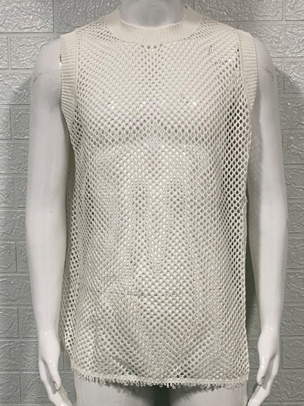 Men’s Solid Color Round Neck Sleeveless Hollow Knitted Vest