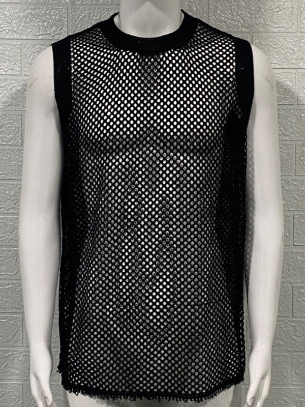 Men’s Solid Color Round Neck Sleeveless Hollow Knitted Vest