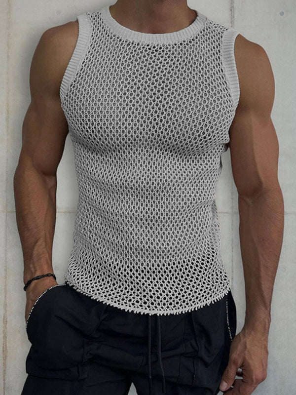 Men’s Solid Color Round Neck Sleeveless Hollow Knitted Vest