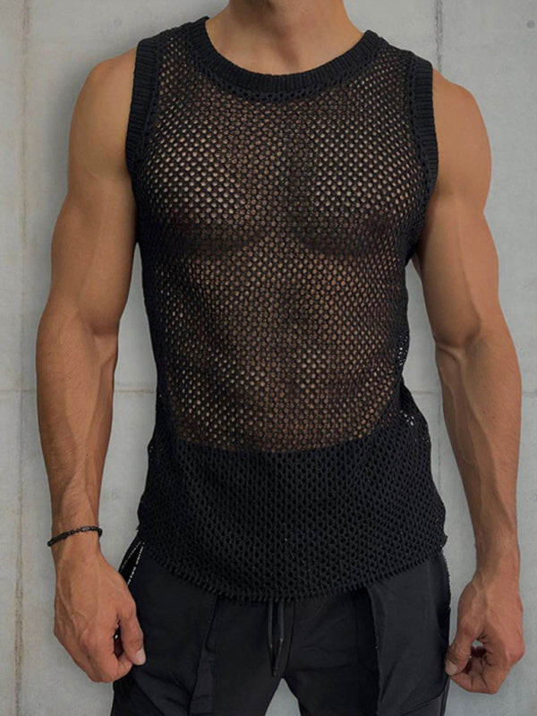 Men’s Solid Color Round Neck Sleeveless Hollow Knitted Vest - Black / M