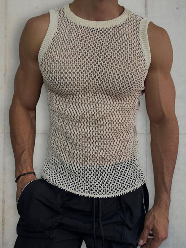Men’s Solid Color Round Neck Sleeveless Hollow Knitted Vest - Cream / M