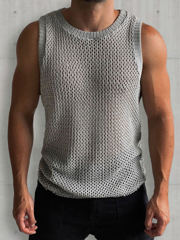 Men’s Solid Color Round Neck Sleeveless Hollow Knitted Vest - Grey / M