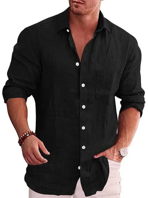 Men’s solid color shirt linen lapel long sleeve casual shirt - Black / S