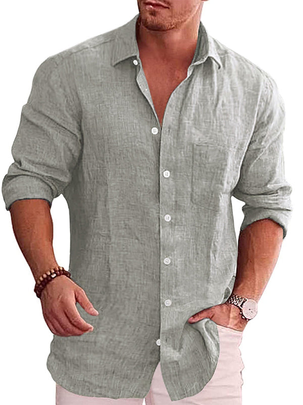 Men’s solid color shirt linen lapel long sleeve casual shirt - Grey / S