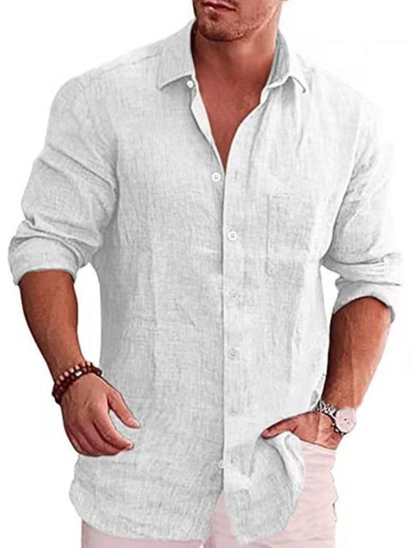 Men’s solid color shirt linen lapel long sleeve casual shirt - White / S