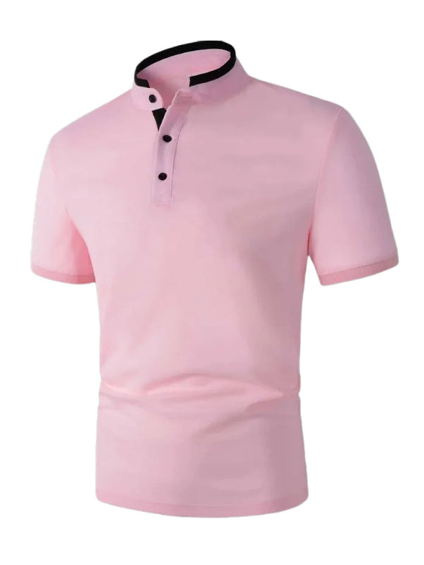 Men’s solid color short -sleeved stand -up neck knitted POLO shirt - Pink / S