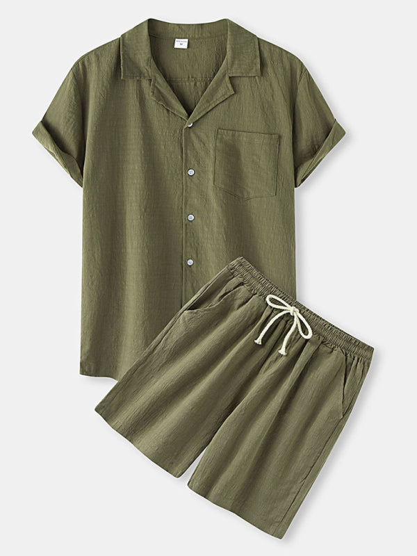 Men’s solid color short-sleeved T-shirt shorts cotton linen casual suit - Olive green / S
