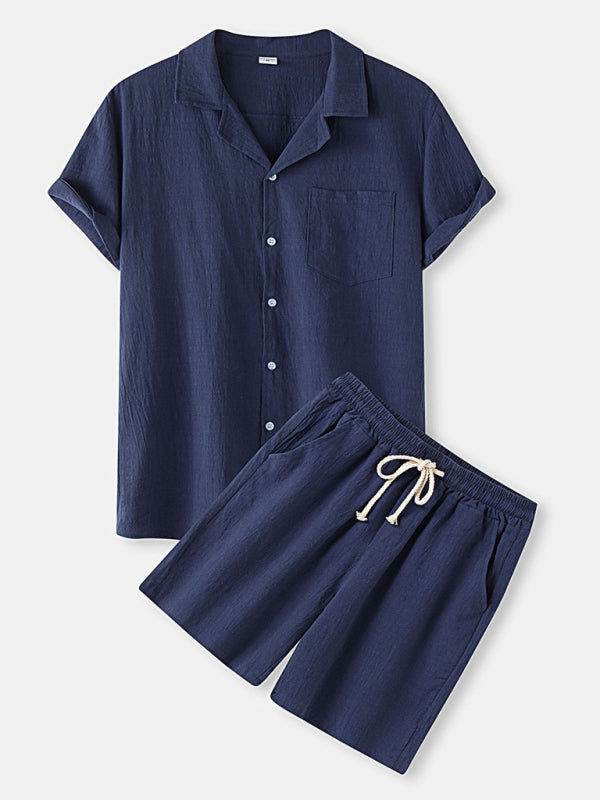 Men’s solid color short-sleeved T-shirt shorts cotton linen casual suit - Champlain color / S