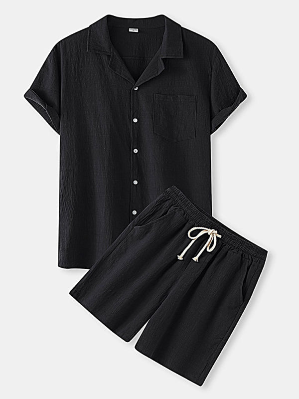 Men’s solid color short-sleeved T-shirt shorts cotton linen casual suit - Black / S