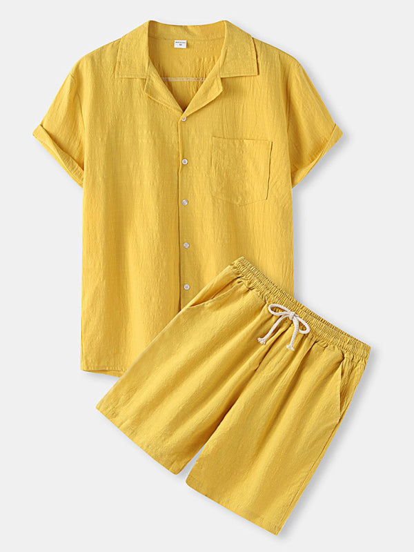 Men’s solid color short-sleeved T-shirt shorts cotton linen casual suit - Yellow / S