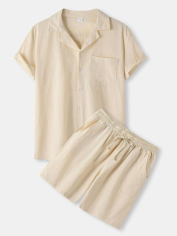 Men’s solid color short-sleeved T-shirt shorts cotton linen casual suit - Khaki / S