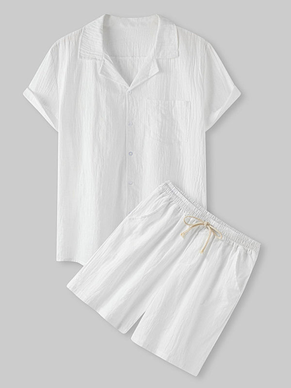 Men’s solid color short-sleeved T-shirt shorts cotton linen casual suit - White / S