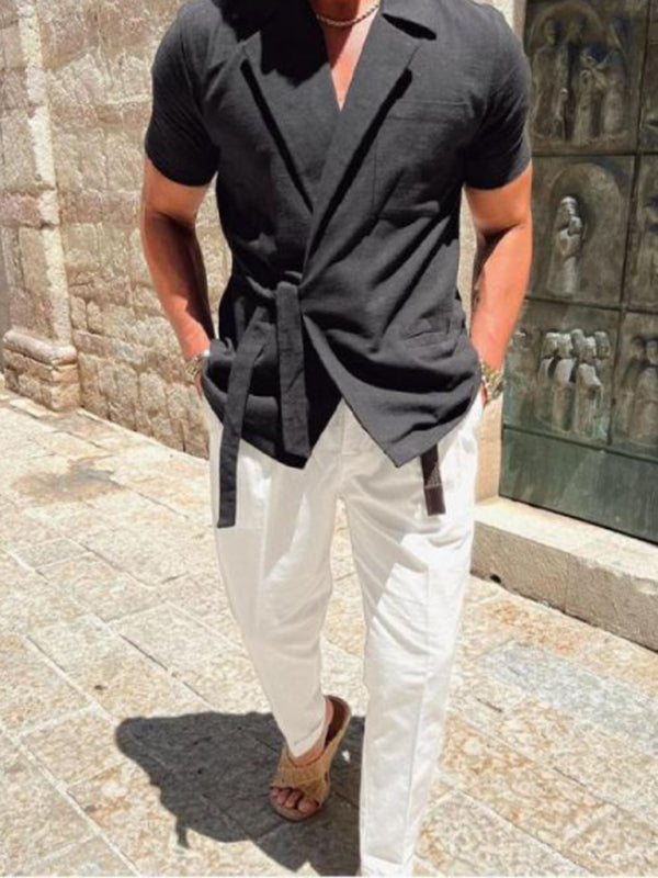Men’s solid color suit lace lace short -sleeved shirt