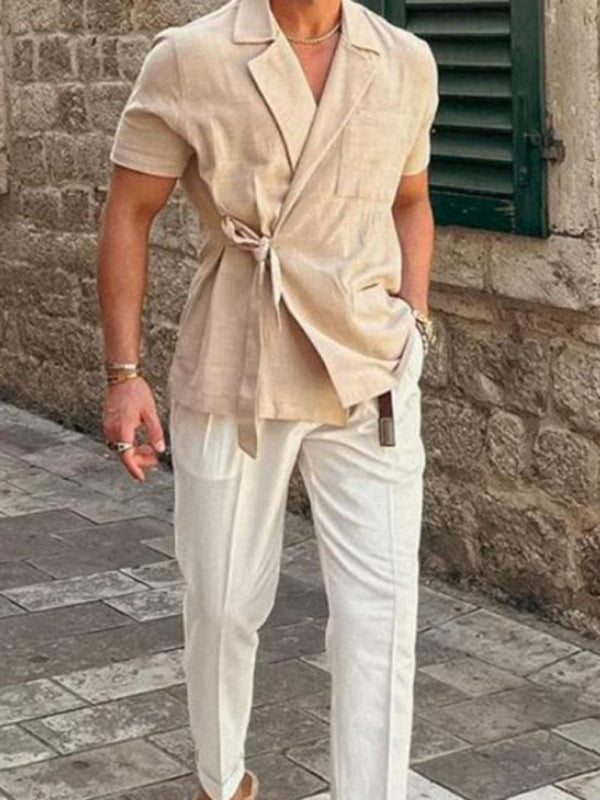 Men’s solid color suit lace lace short -sleeved shirt