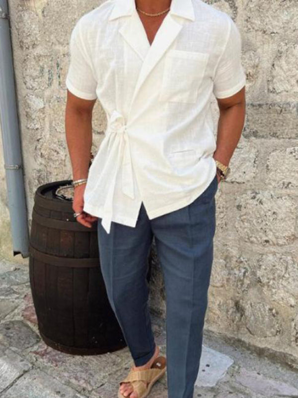 Men’s solid color suit lace lace short -sleeved shirt
