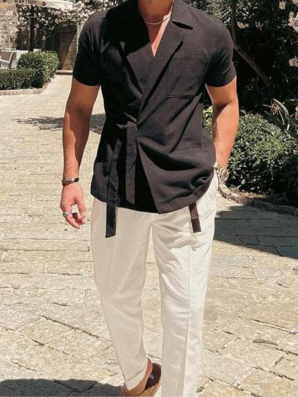 Men’s solid color suit lace lace short -sleeved shirt