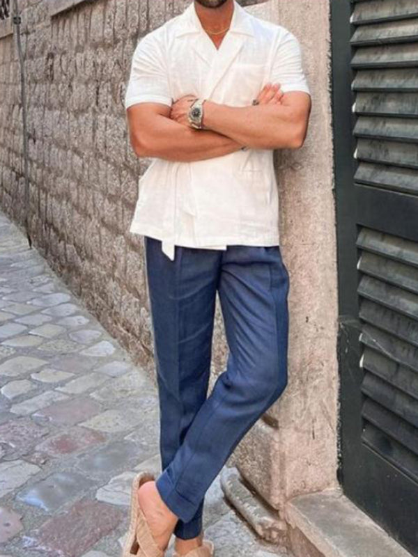 Men’s solid color suit lace lace short -sleeved shirt