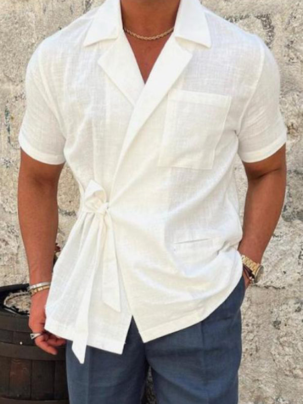 Men’s solid color suit lace lace short -sleeved shirt - White / M