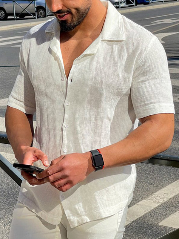 Men’s Solid Color Thin Short Sleeve Lapel Collar Simple Casual Shirt - White / S