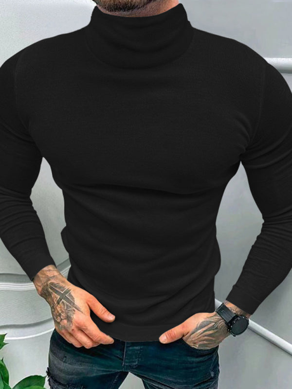 Men’s Solid Color Turtleneck Long Sleeve T-Shirt - Black / M
