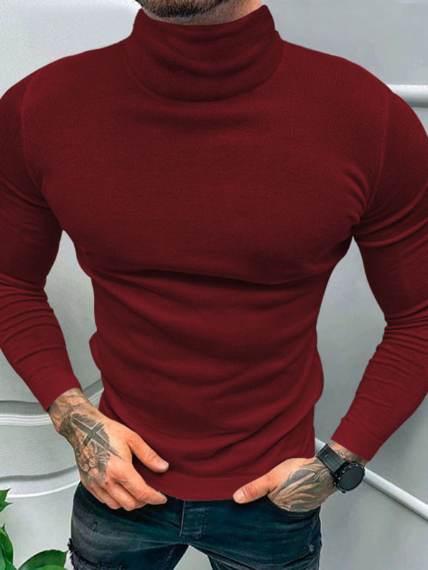 Men’s Solid Color Turtleneck Long Sleeve T-Shirt - Wine Red / M