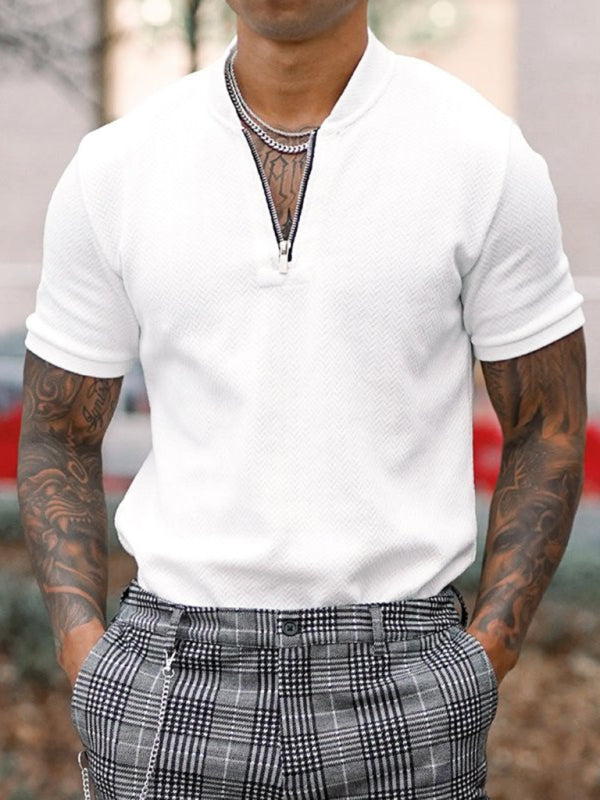 Men’s Solid Color Zipper Stand Collar Casual Short Sleeve T-Shirt