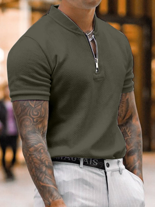 Men’s Solid Color Zipper Stand Collar Casual Short Sleeve T-Shirt