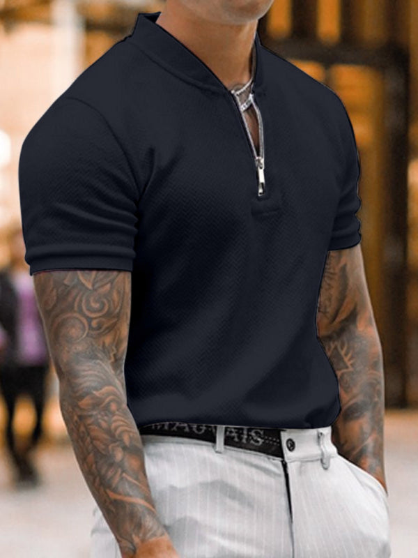 Men’s Solid Color Zipper Stand Collar Casual Short Sleeve T-Shirt