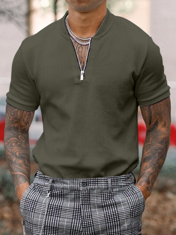 Men’s Solid Color Zipper Stand Collar Casual Short Sleeve T-Shirt - Olive green / M