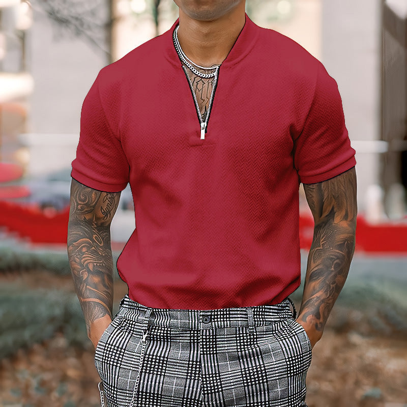 Men’s Solid Color Zipper Stand Collar Casual Short Sleeve T-Shirt - Wine Red / S