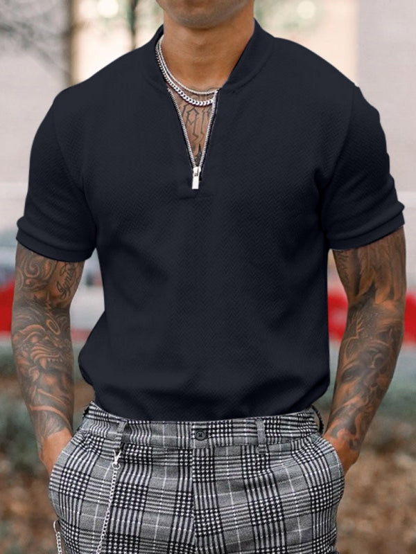 Men’s Solid Color Zipper Stand Collar Casual Short Sleeve T-Shirt - Black / S