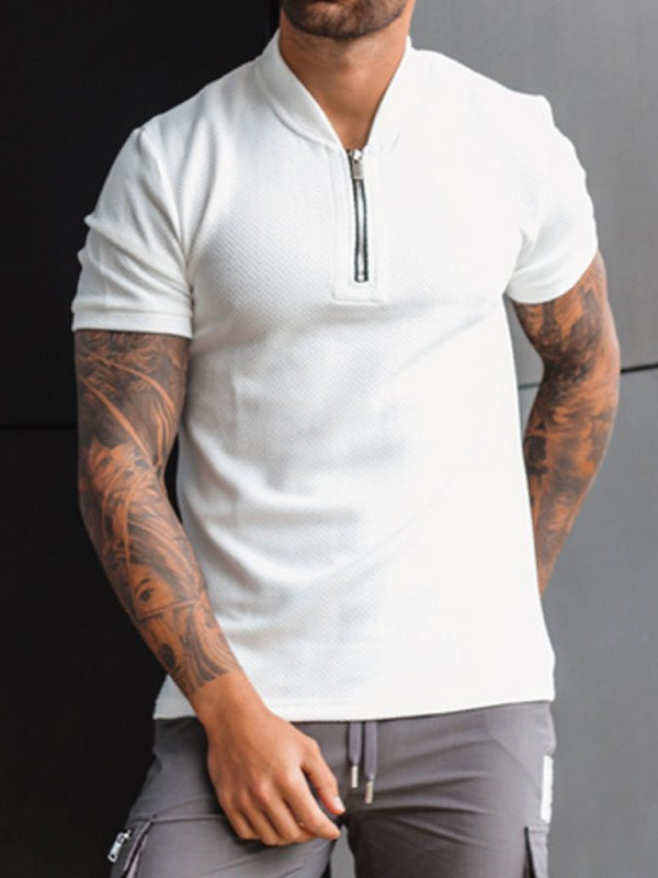 Men’s Solid Color Zipper Stand Collar Casual Short Sleeve T-Shirt