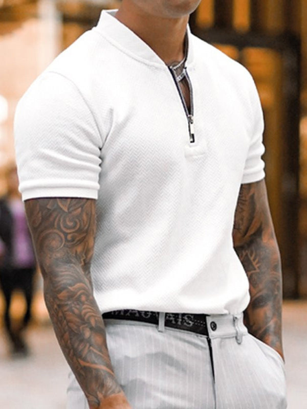Men’s Solid Color Zipper Stand Collar Casual Short Sleeve T-Shirt