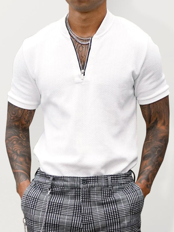 Men’s Solid Color Zipper Stand Collar Casual Short Sleeve T-Shirt - White / S
