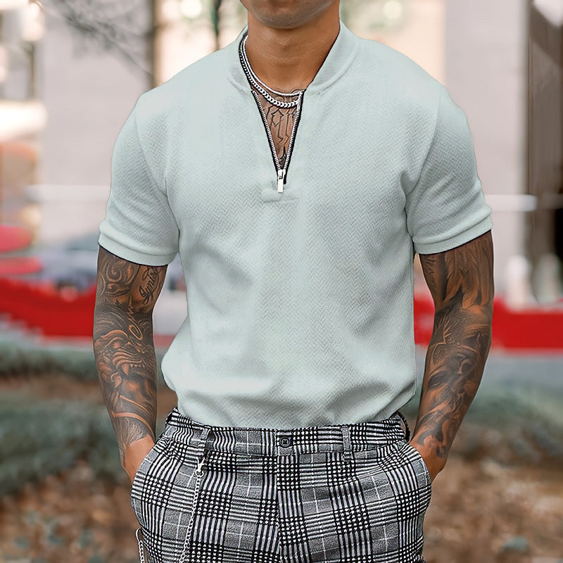 Men’s Solid Color Zipper Stand Collar Casual Short Sleeve T-Shirt - Grey / S