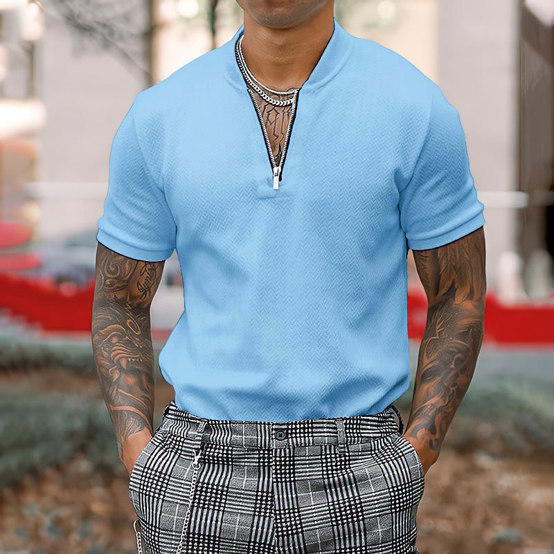 Men’s Solid Color Zipper Stand Collar Casual Short Sleeve T-Shirt - Sky blue azure / S
