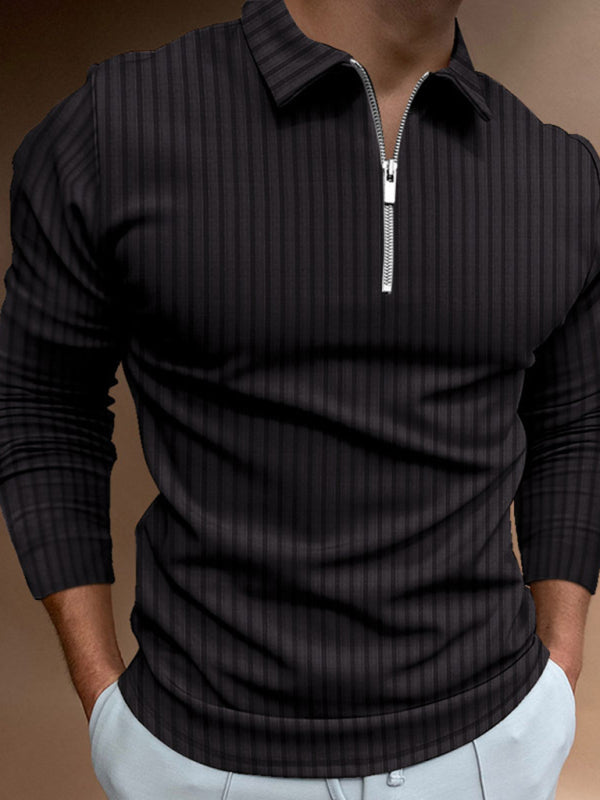 Men’s solid color zipper striped long-sleeved POLO shirt - Black / S